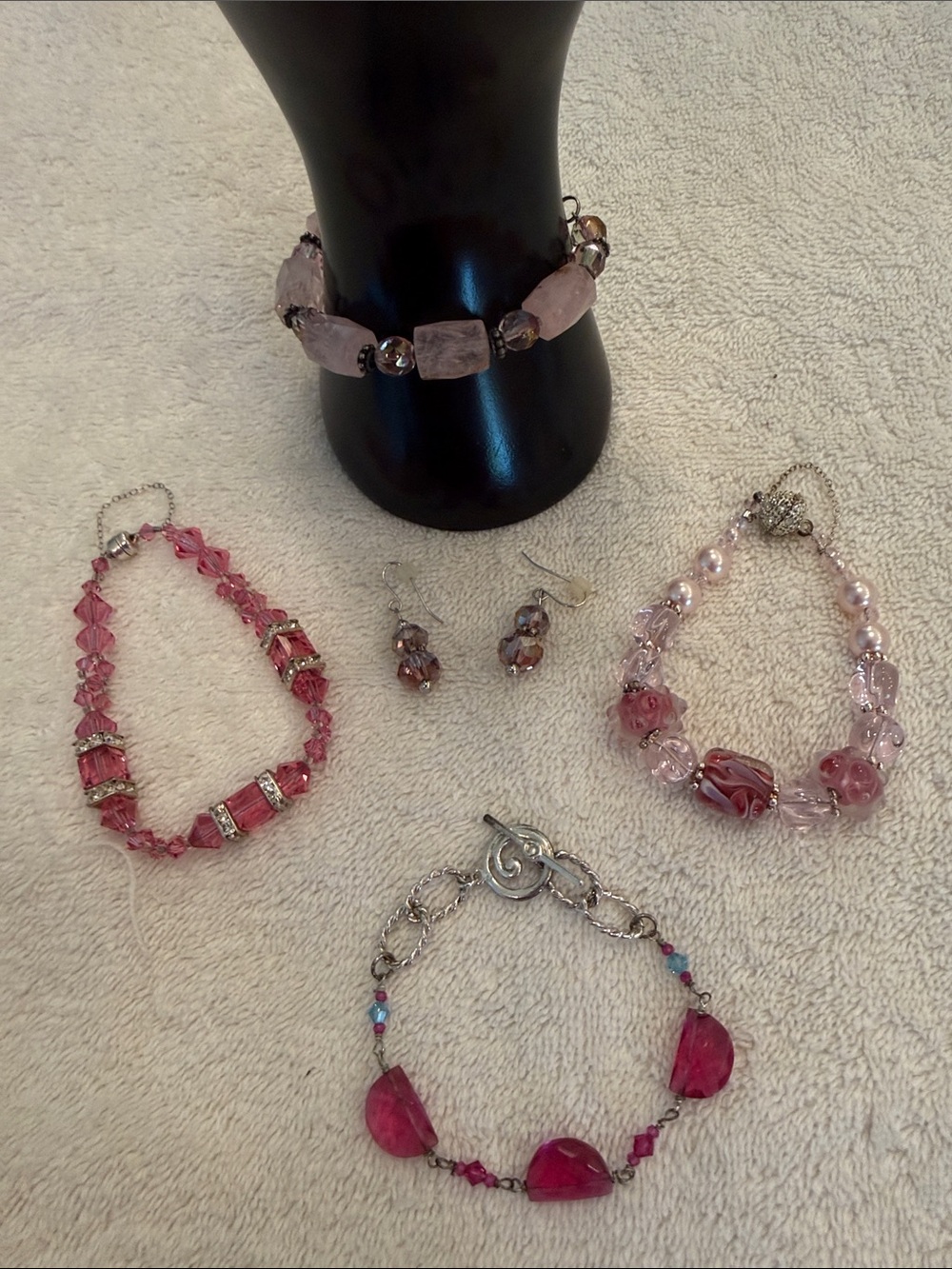 Artisan Elegant Pink Crystal and Beaded Bracelets and Earrings